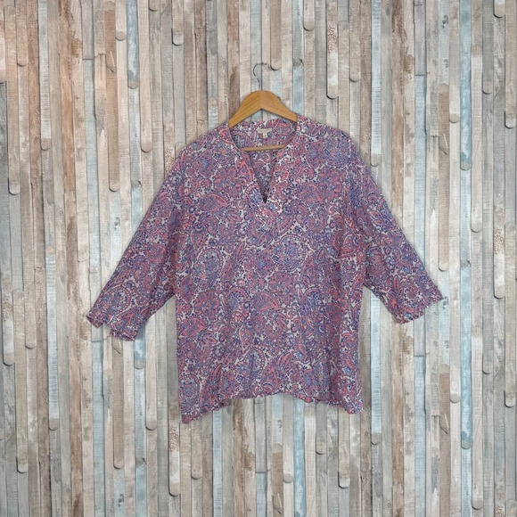 Talbots Tops - Talbots 3X Pink‎ Blue Paisley 100% Cotton Tunic Blouse 3/4 Sleeve V-Neck Top